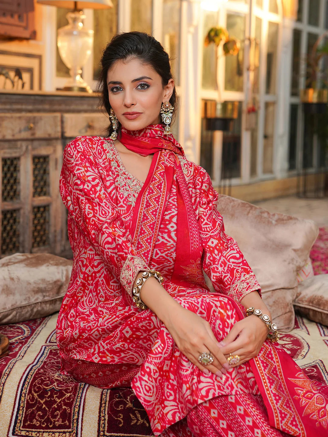 Women Red Silk Blend Ikat Embroidered Straight Kurta Trousers With Dupatta