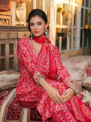 Women Red Silk Blend Ikat Embroidered Straight Kurta Trousers With Dupatta-SKSKD3105