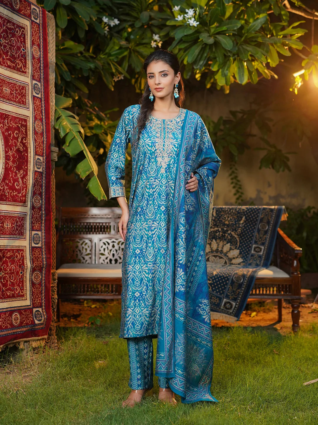 Women Blue Silk Blend Ikat Printed Straight Kurta Trousers With Dupatta