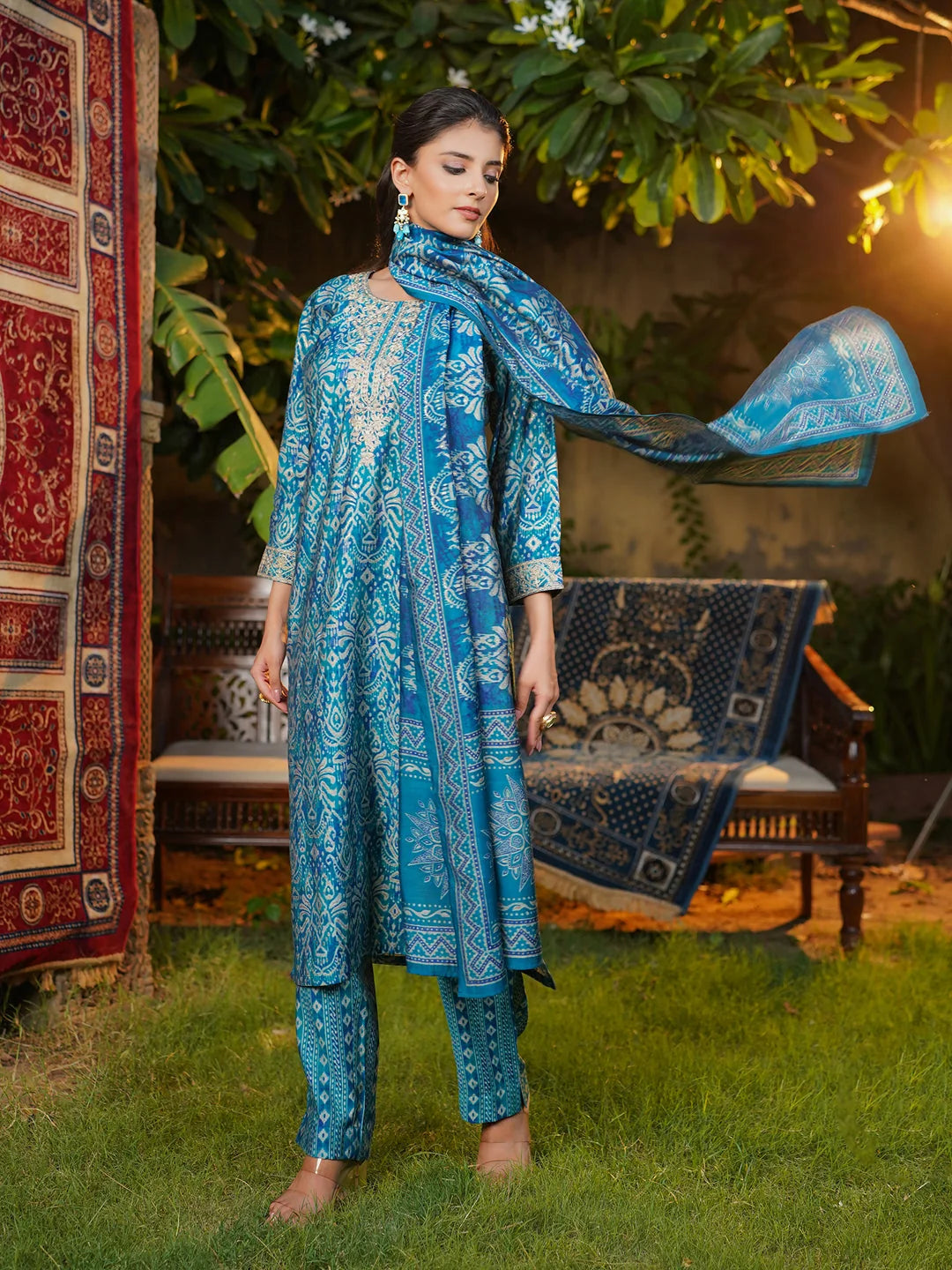 Women Blue Silk Blend Ikat Printed Straight Kurta Trousers With Dupatta