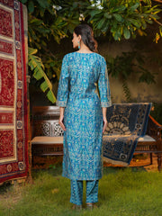 Women Blue Silk Blend Ikat Printed Straight Kurta Trousers With Dupatta-SKSKD3106