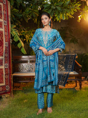 Women Blue Silk Blend Ikat Printed Straight Kurta Trousers With Dupatta-SKSKD3106