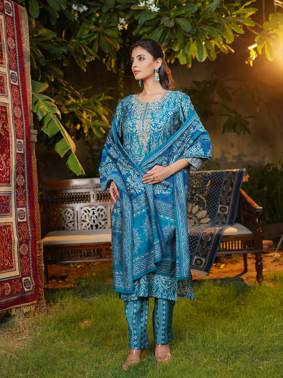 Women Blue Silk Blend Ikat Printed Straight Kurta Trousers With Dupatta