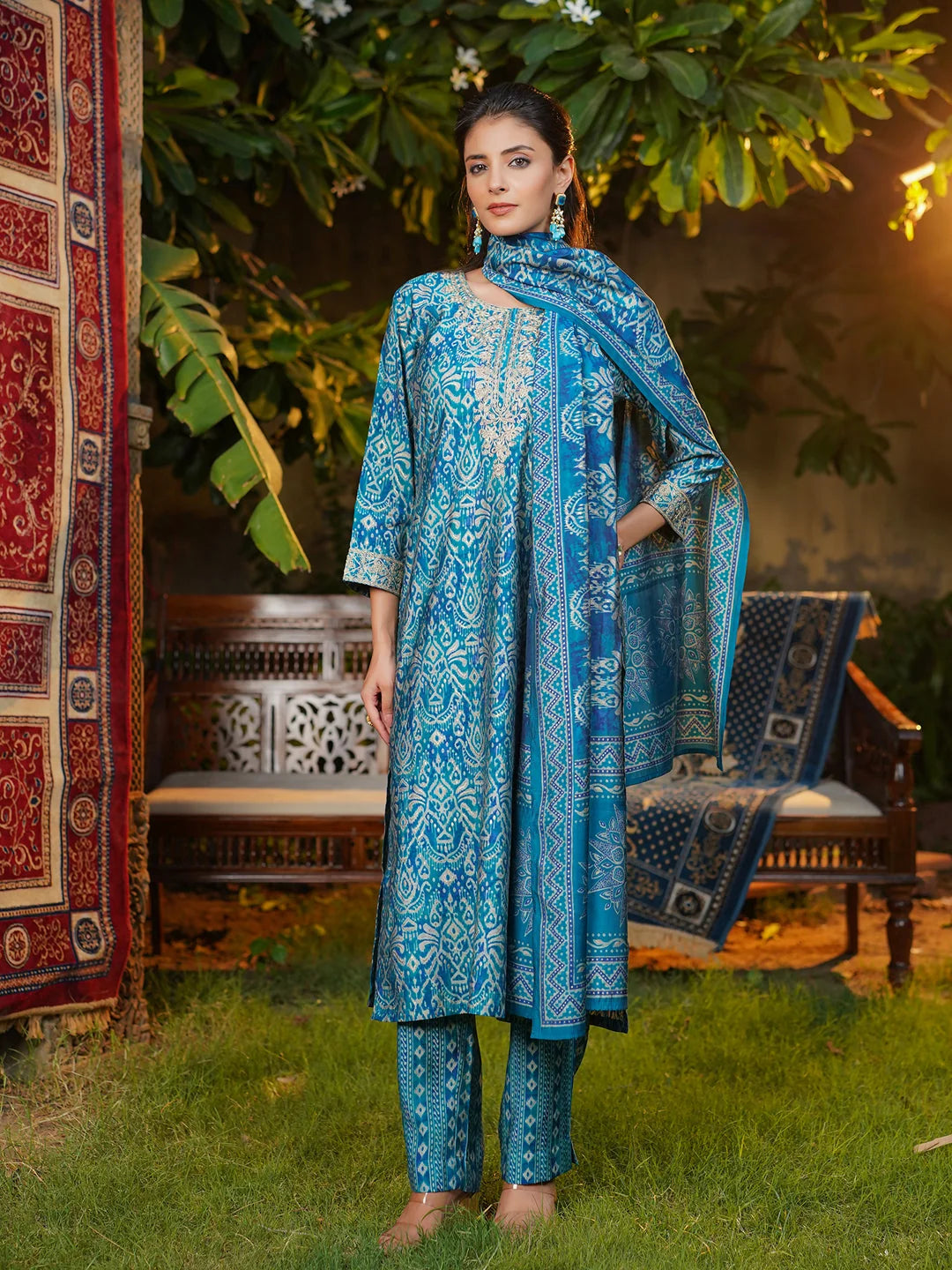 Women Blue Silk Blend Ikat Printed Straight Kurta Trousers With Dupatta