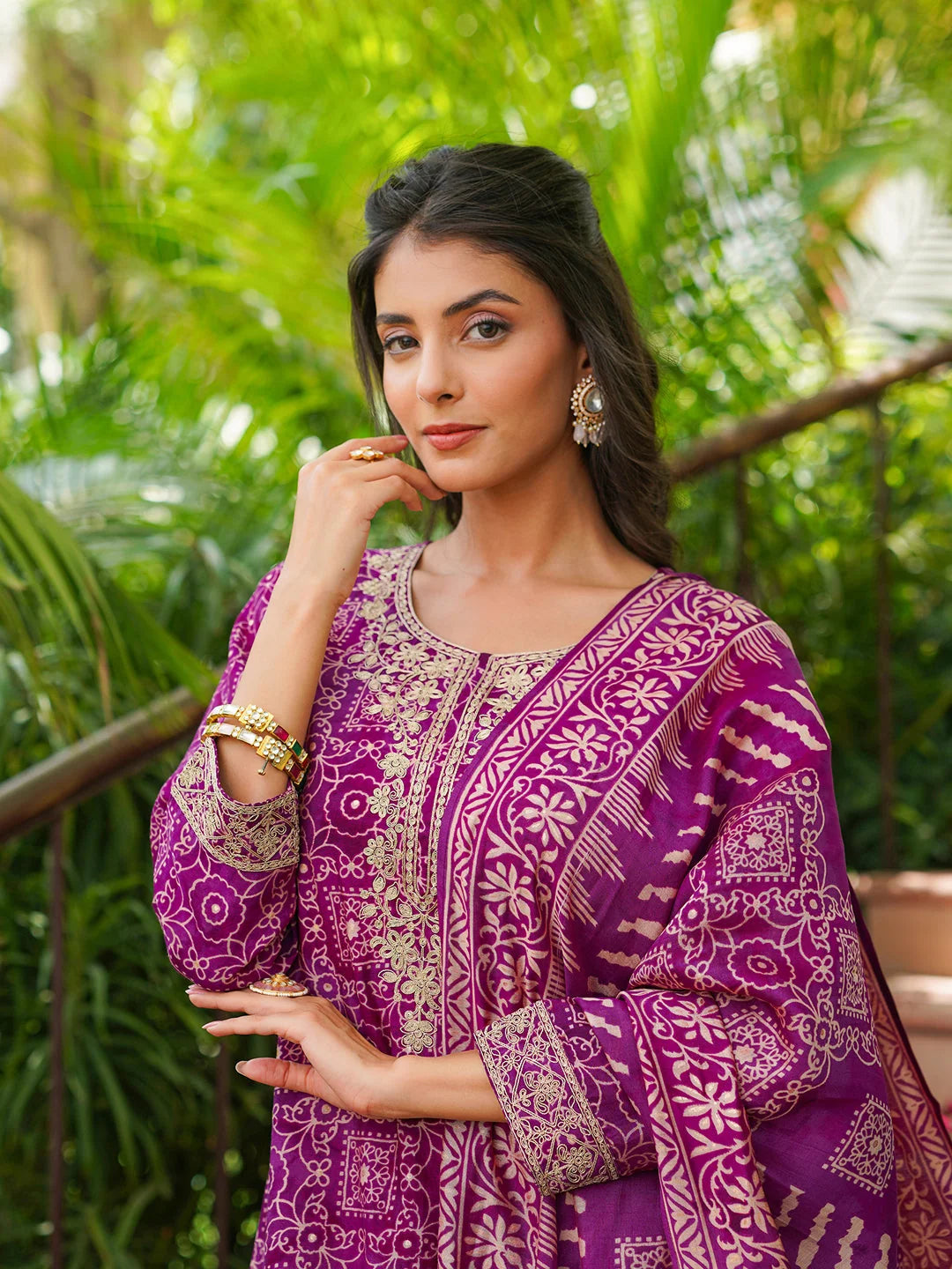 Women Purple Silk Blend Floral Embroidered Straight Kurta Trousers With Dupatta