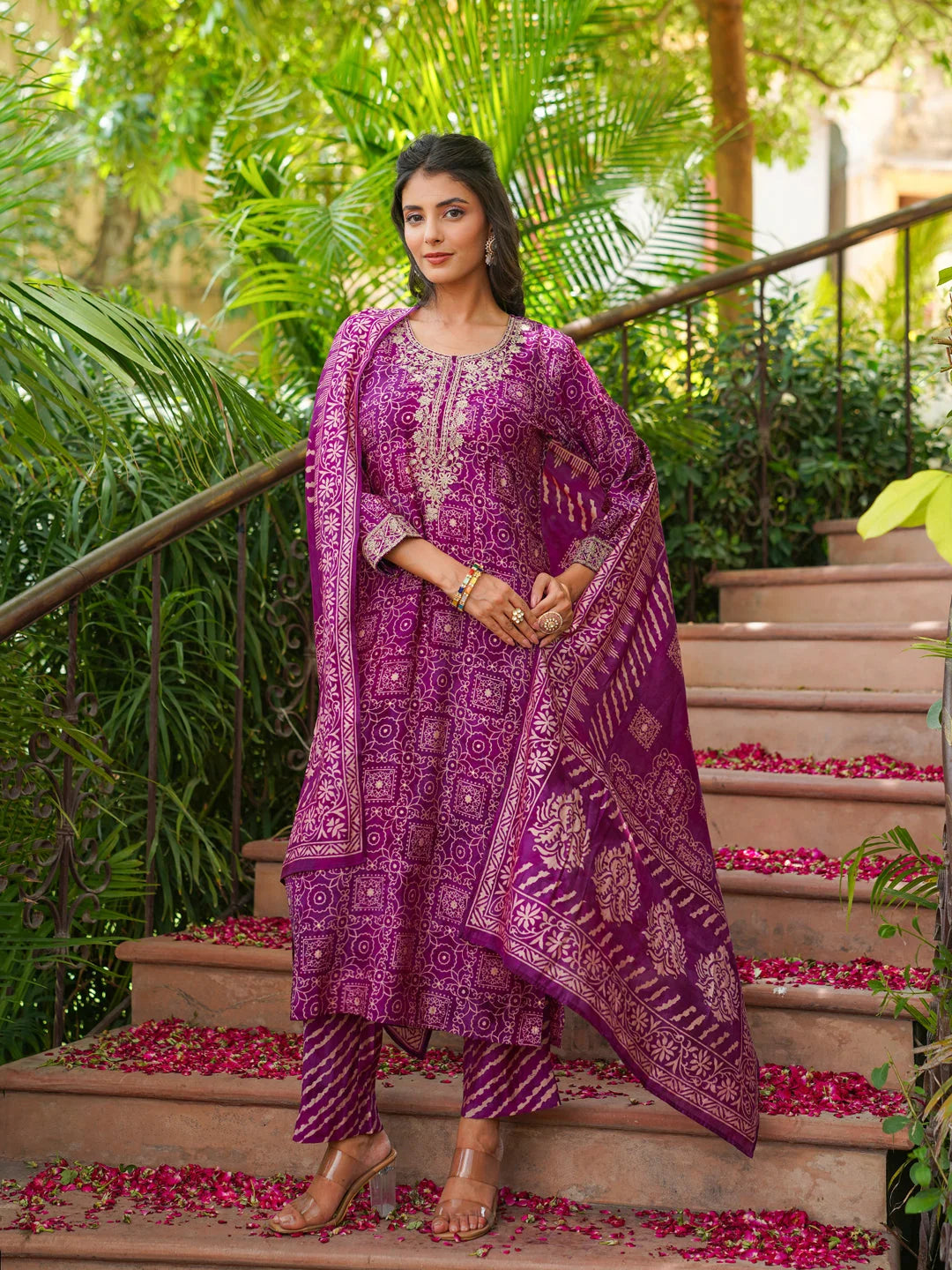 Women Purple Silk Blend Floral Embroidered Straight Kurta Trousers With Dupatta