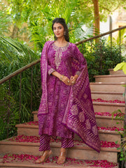 Women Purple Silk Blend Floral Embroidered Straight Kurta Trousers With Dupatta-SKSKD3119