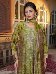Women Green Silk Blend Floral Embroidered Straight Kurta Trousers With Dupatta-SKSKD3120