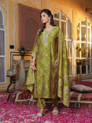 Women Green Silk Blend Floral Embroidered Straight Kurta Trousers With Dupatta-SKSKD3120