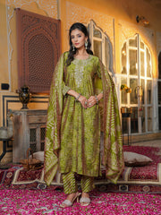 Women Green Silk Blend Floral Embroidered Straight Kurta Trousers With Dupatta-SKSKD3120
