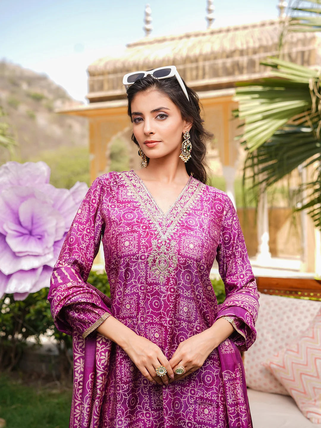 Women Purple Silk Blend Floral Embroidered Straight Kurta Trousers With Dupatta