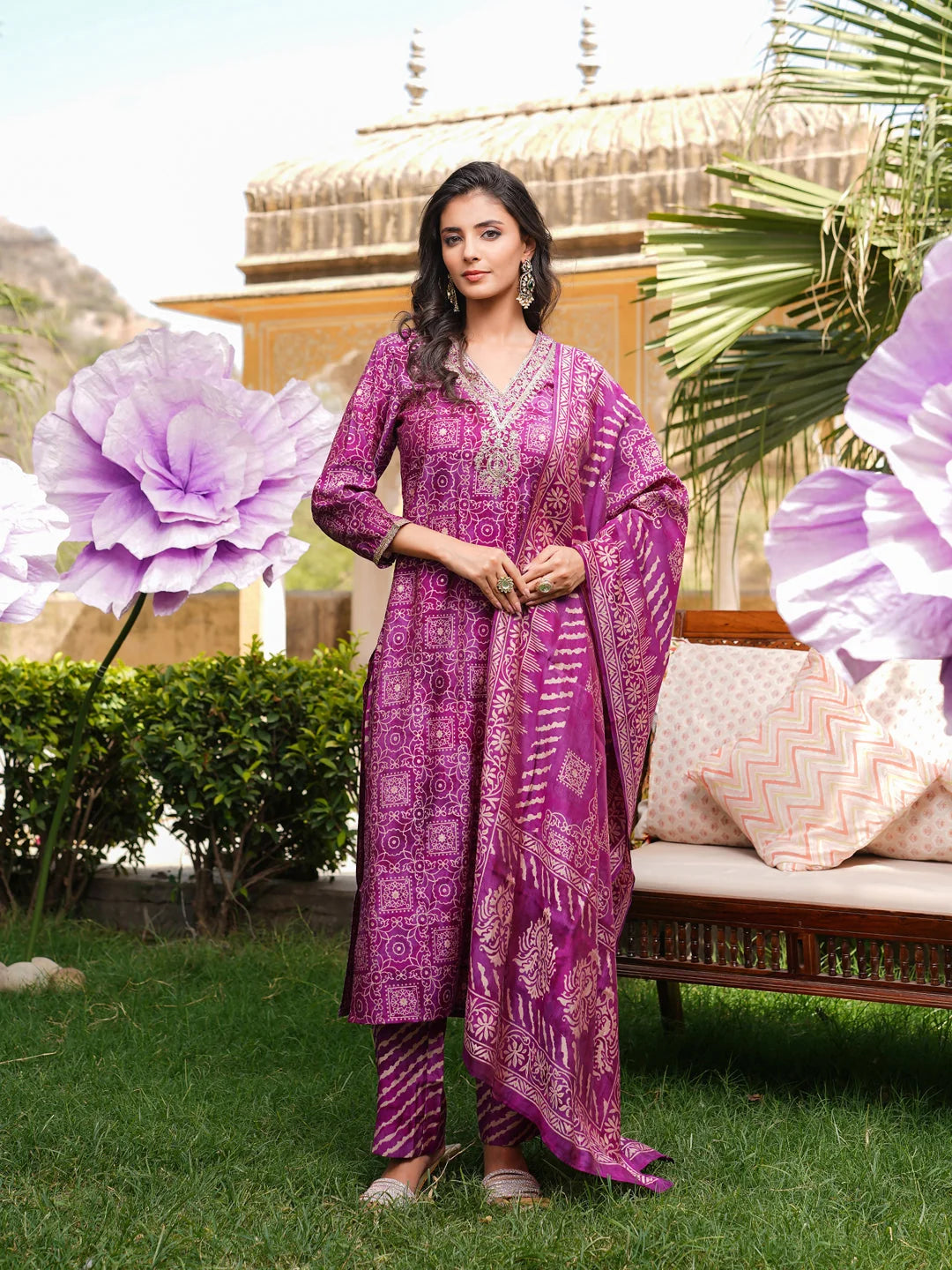 Women Purple Silk Blend Floral Embroidered Straight Kurta Trousers With Dupatta