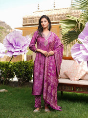 Women Purple Silk Blend Floral Embroidered Straight Kurta Trousers With Dupatta-SKSKD3121