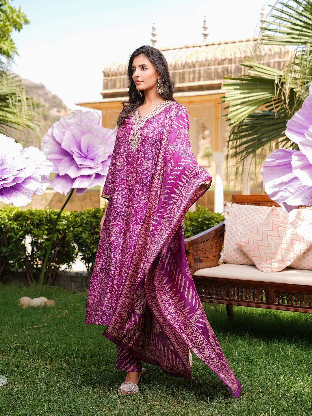 Women Purple Silk Blend Floral Embroidered Straight Kurta Trousers With Dupatta