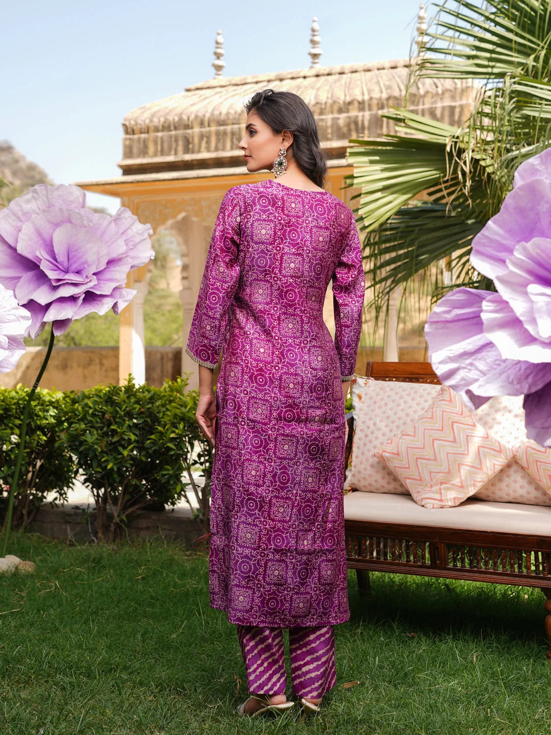 Women Purple Silk Blend Floral Embroidered Straight Kurta Trousers With Dupatta