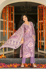 Lavender Viscose Rayon Floral Printed Straight Kurta Trousers With Dupatta SKSKD3124