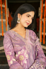 Lavender Viscose Rayon Floral Printed Straight Kurta Trousers With Dupatta SKSKD3124