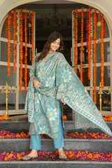 Blue Viscose Rayon Floral Printed Straight Kurta Trousers With Dupatta SKSKD3125