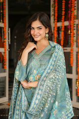 Blue Viscose Rayon Floral Printed Straight Kurta Trousers With Dupatta SKSKD3125