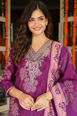 Purple Poly Chanderi Floral Embroidered Straight Kurta Trousers With Dupatta SKSKD3130