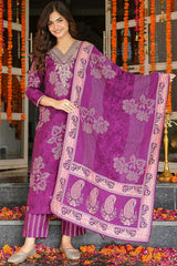 Purple Poly Chanderi Floral Embroidered Straight Kurta Trousers With Dupatta SKSKD3130