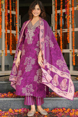 Purple Poly Chanderi Floral Embroidered Straight Kurta Trousers With Dupatta SKSKD3130