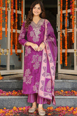 Purple Poly Chanderi Floral Embroidered Straight Kurta Trousers With Dupatta SKSKD3130