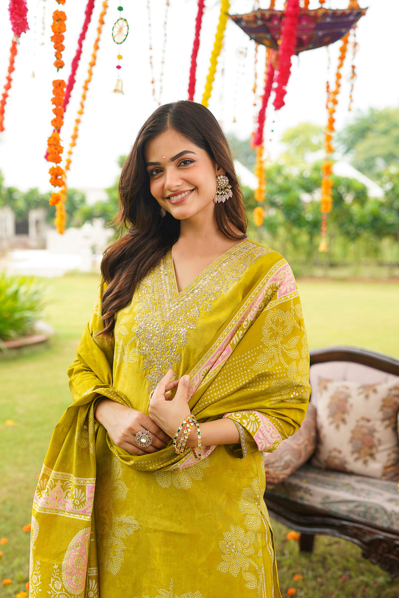 Yellow Poly Chanderi Floral Embroidered Straight Kurta Trousers With Dupatta SKSKD3131