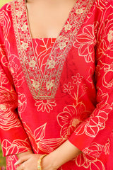 Red Poly Chanderi Floral Printed Straight Kurta Trousers With Dupatta SKSKD3132