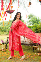Red Poly Chanderi Floral Printed Straight Kurta Trousers With Dupatta SKSKD3132