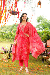 Red Poly Chanderi Floral Printed Straight Kurta Trousers With Dupatta SKSKD3132
