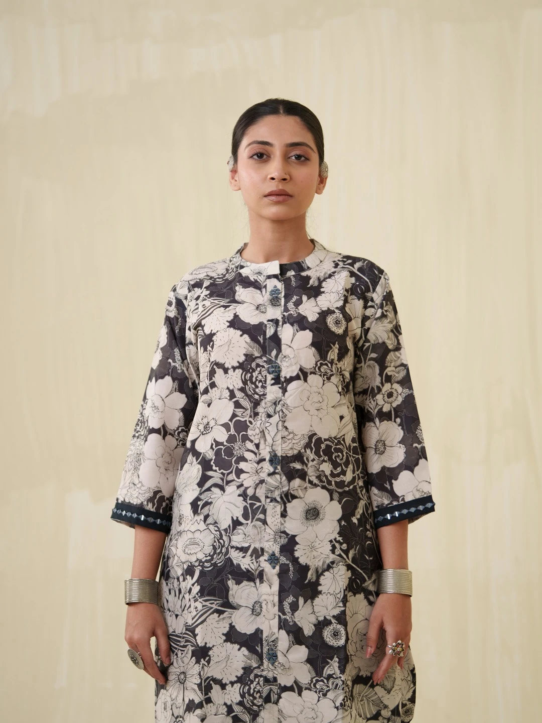 Black Colour Floral Printed Muslin Fabric Top Bottom Set