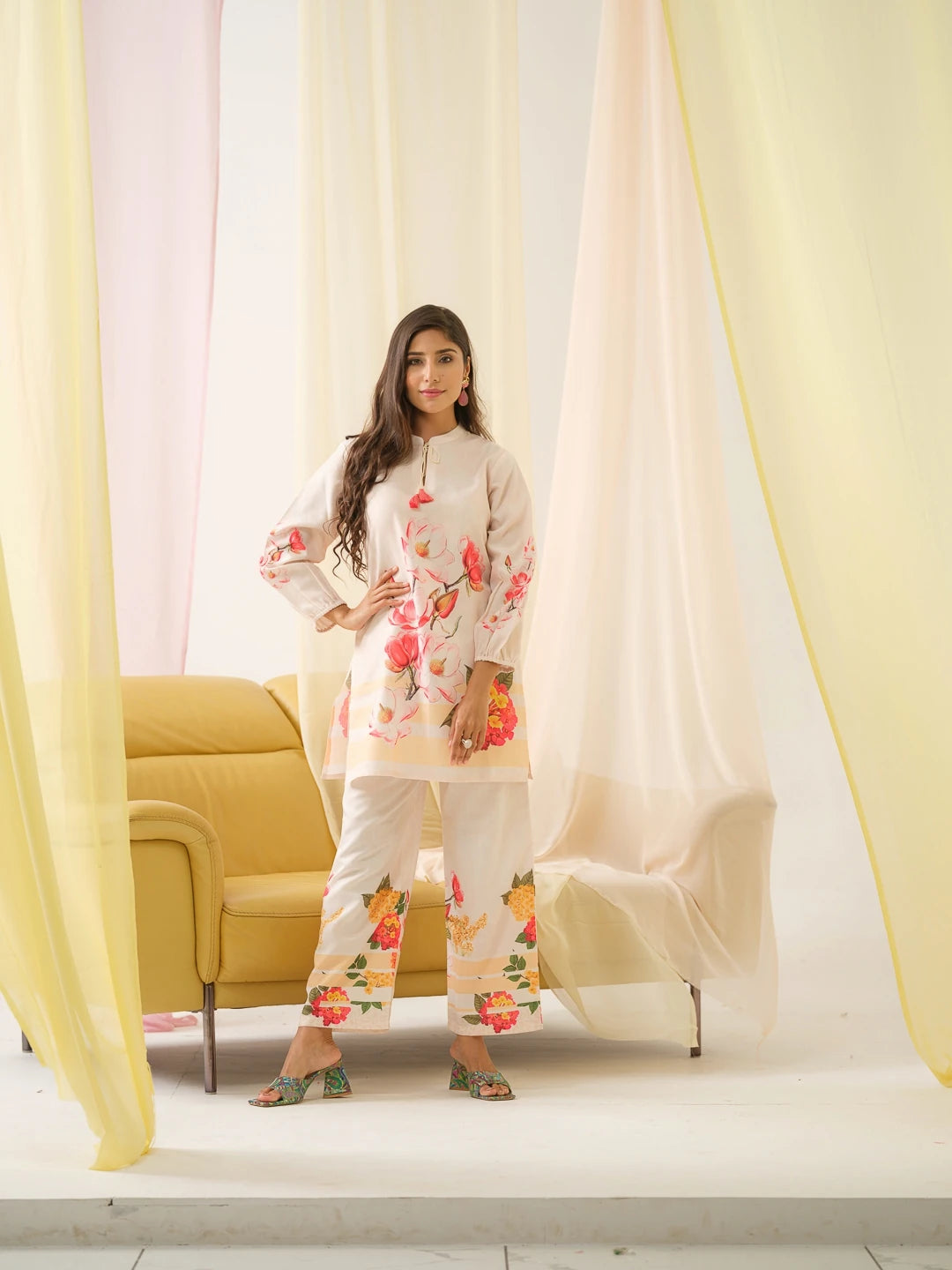 White & Orange Mandarin Collar Printed Tunic Palazzos