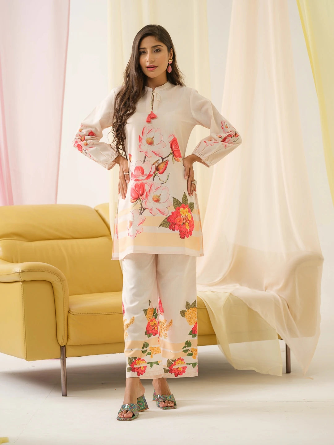 White & Orange Mandarin Collar Printed Tunic Palazzos