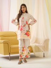 White & Orange Mandarin Collar Printed Tunic Palazzos-MLWSHCO4313WHT