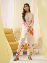 White & Orange Mandarin Collar Printed Tunic Palazzos-MLWSHCO4313WHT