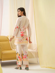 White & Orange Mandarin Collar Printed Tunic Palazzos-MLWSHCO4313WHT