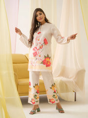 White & Orange Mandarin Collar Printed Tunic Palazzos-MLWSHCO4313WHT