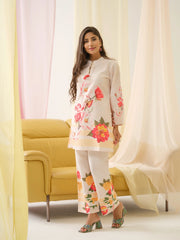 White & Orange Mandarin Collar Printed Tunic Palazzos-MLWSHCO4313WHT