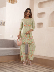 Green Pure Cotton Floral Printed Co-Ord Set For Women-MLWSHCO4316GRN