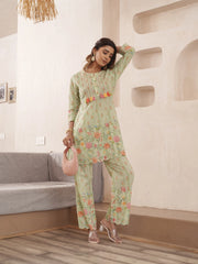 Green Pure Cotton Floral Printed Co-Ord Set For Women-MLWSHCO4316GRN