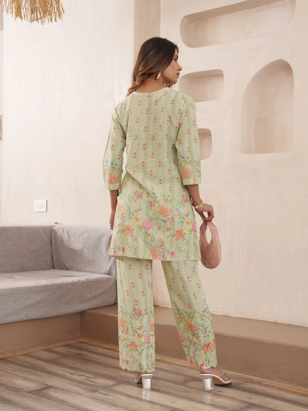 Green Pure Cotton Floral Printed Co-Ord Set For Women