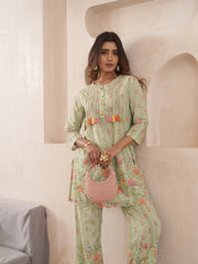 Green Pure Cotton Floral Printed Co-Ord Set For Women-MLWSHCO4316GRN