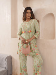Green Pure Cotton Floral Printed Co-Ord Set For Women-MLWSHCO4316GRN