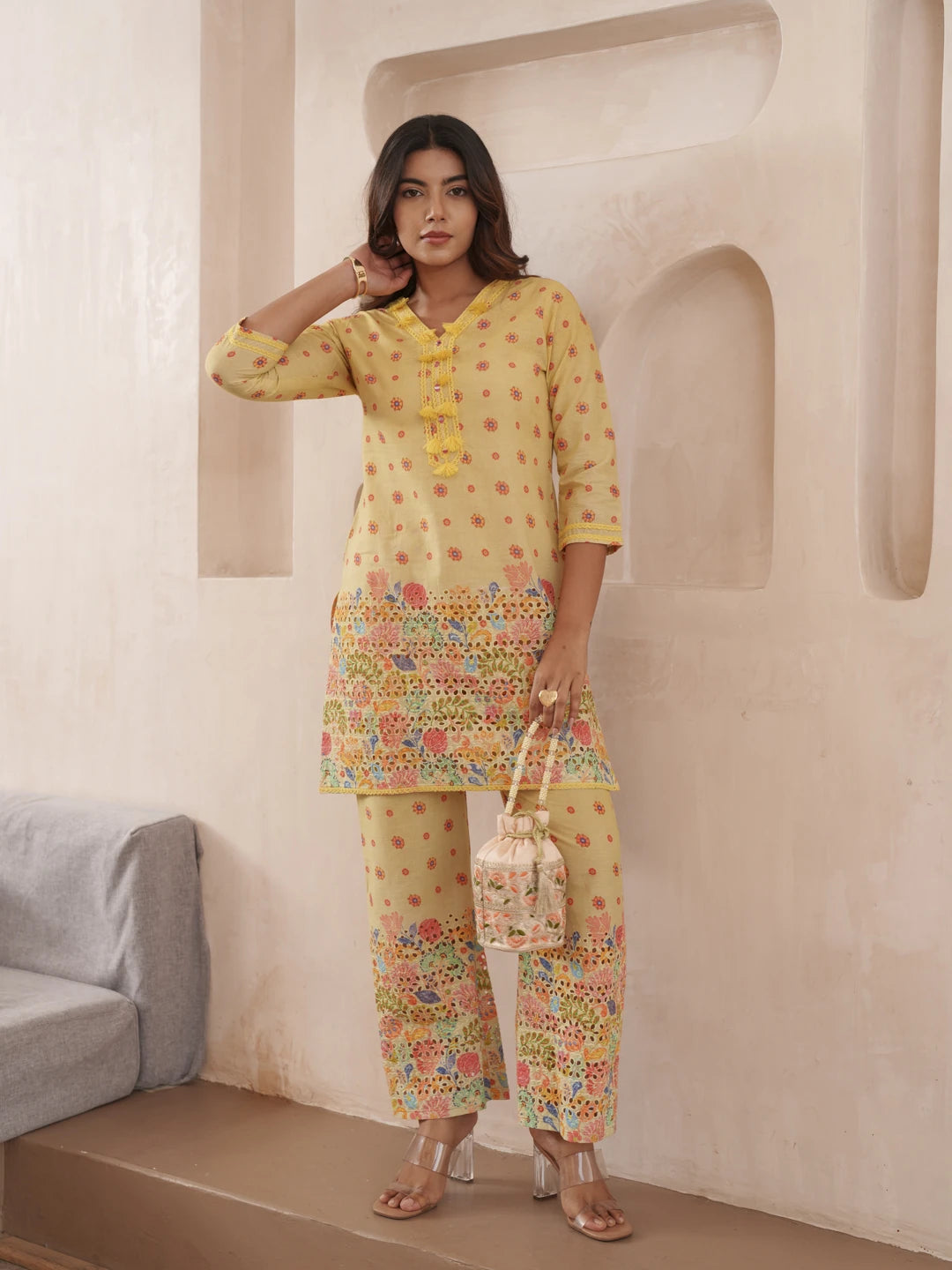 Yellow Pure Cotton Floral Printed Co-Ord Set For Women