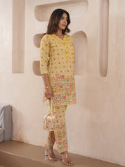 Yellow Pure Cotton Floral Printed Co-Ord Set For Women-MLWSHCO4317YLW