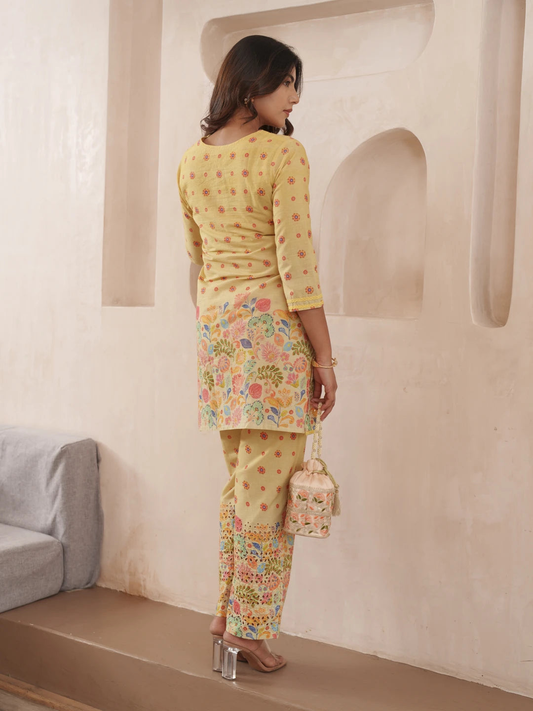 Yellow Pure Cotton Floral Printed Co-Ord Set For Women