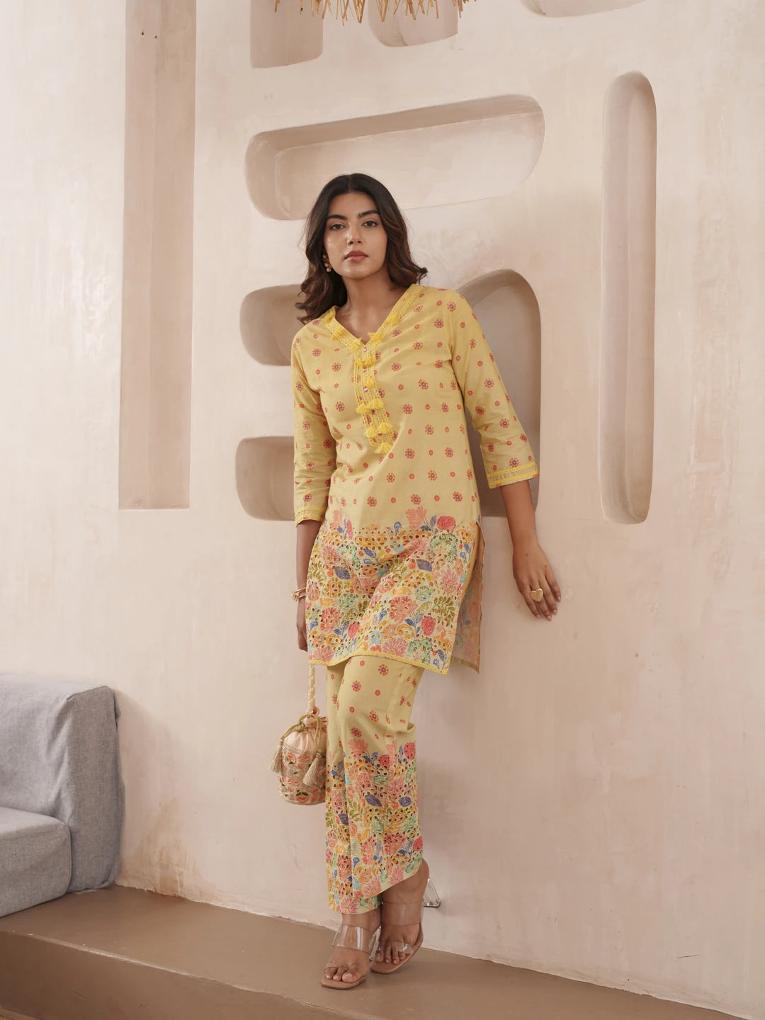 Yellow Pure Cotton Floral Printed Co-Ord Set For Women