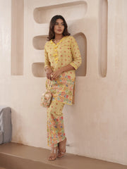 Yellow Pure Cotton Floral Printed Co-Ord Set For Women-MLWSHCO4317YLW