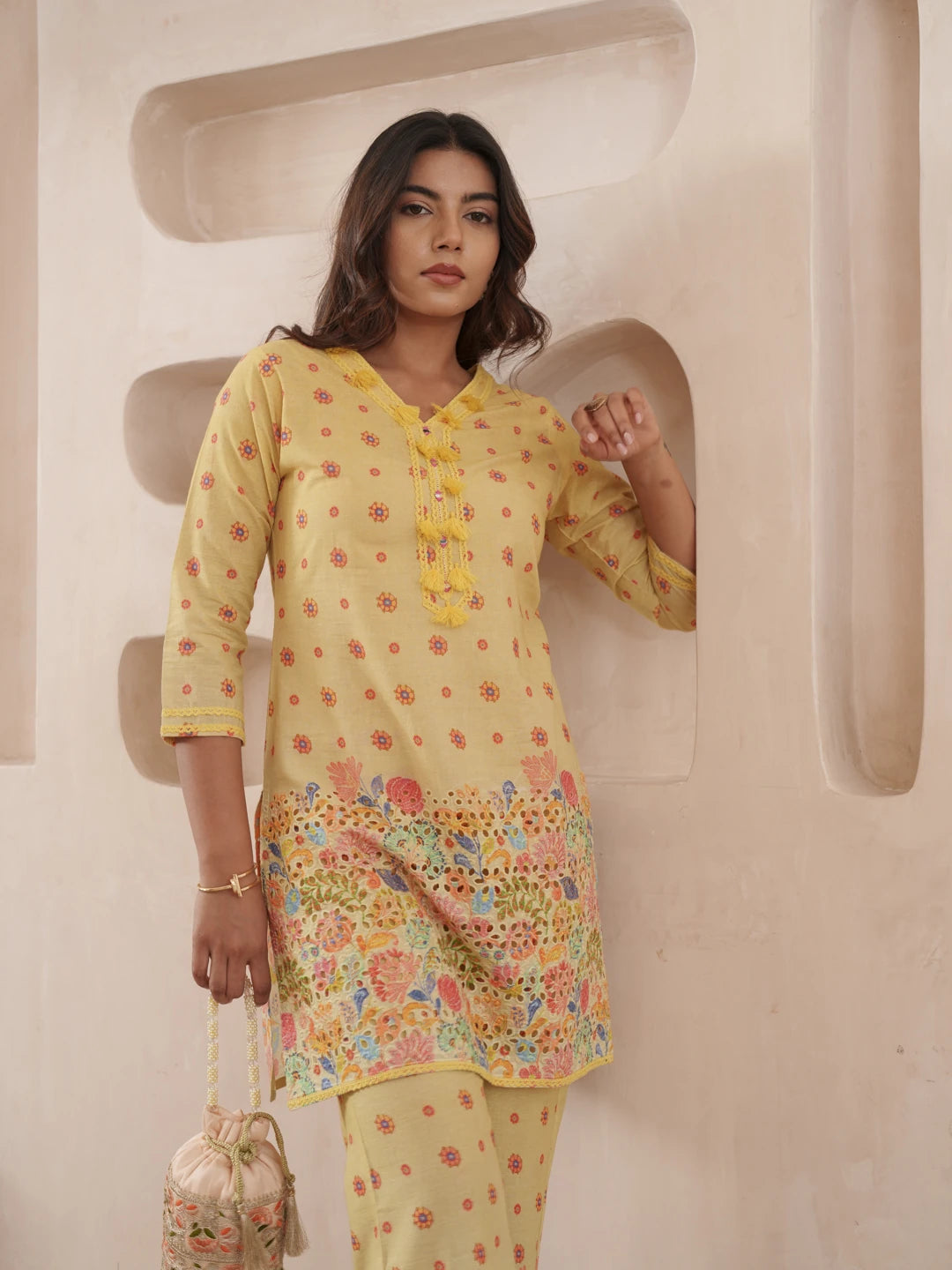 Yellow Pure Cotton Floral Printed Co-Ord Set For Women